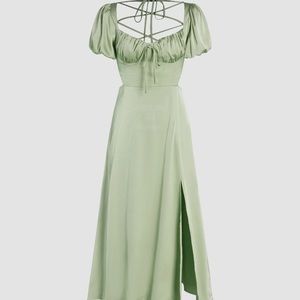NWT Green Satin Puff Sleeve Dress Back Corset Midlength Side Split Cider